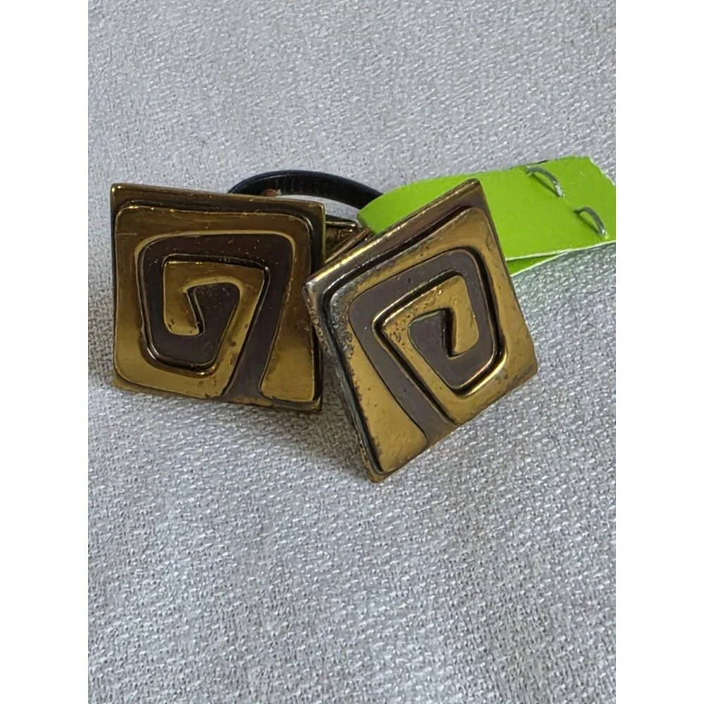 Vtg Mid Century Modern Cufflinks HOGAN BOLAS Modernist Greek Key Brass Enamel